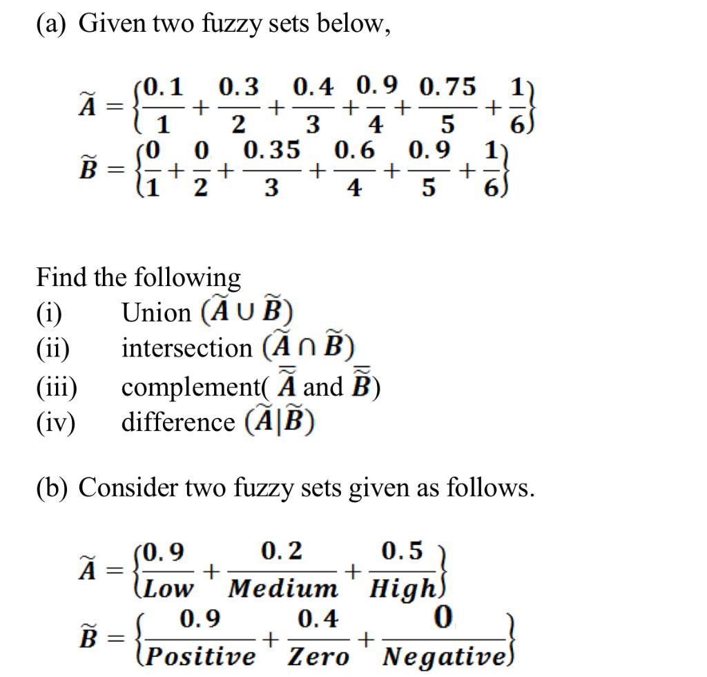 Solved (a) Given Two Fuzzy Sets Below, À = 1 (0.1 0.3 0.4 | Chegg.com