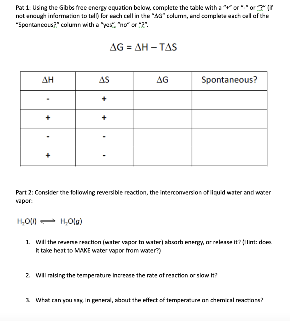 Solved Pat 1: Using the Gibbs free energy equation below, | Chegg.com
