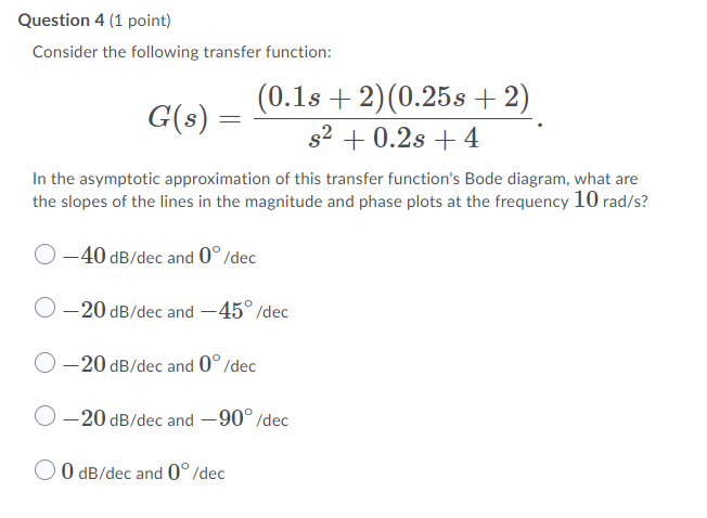 Solved Question 4 (1 point) Consider the following transfer | Chegg.com
