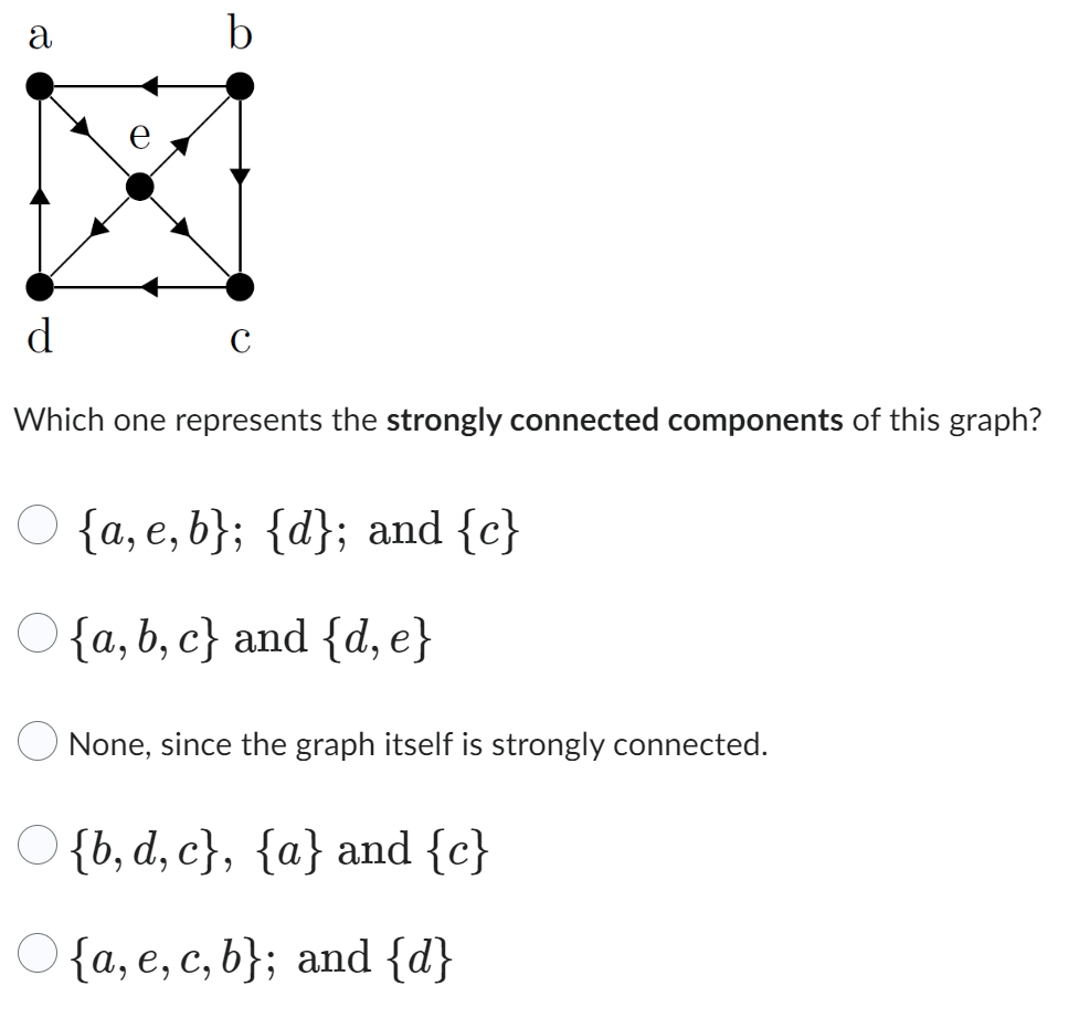 Which one represents the strongly connected components of this graph?
\[
\begin{array}{l}
\{a, e, b\} ;\{d\} ; \text { and }\