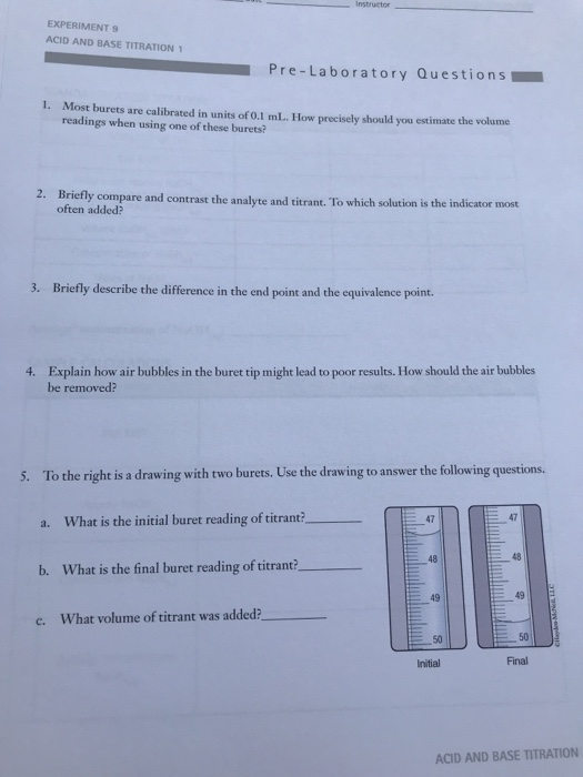Solved EXPERIMENT 9 ACID AND BASE TITRATION 1 PreLaboratory