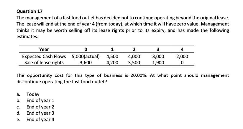 Solved Question 17 The management of a fast food outlet has | Chegg.com