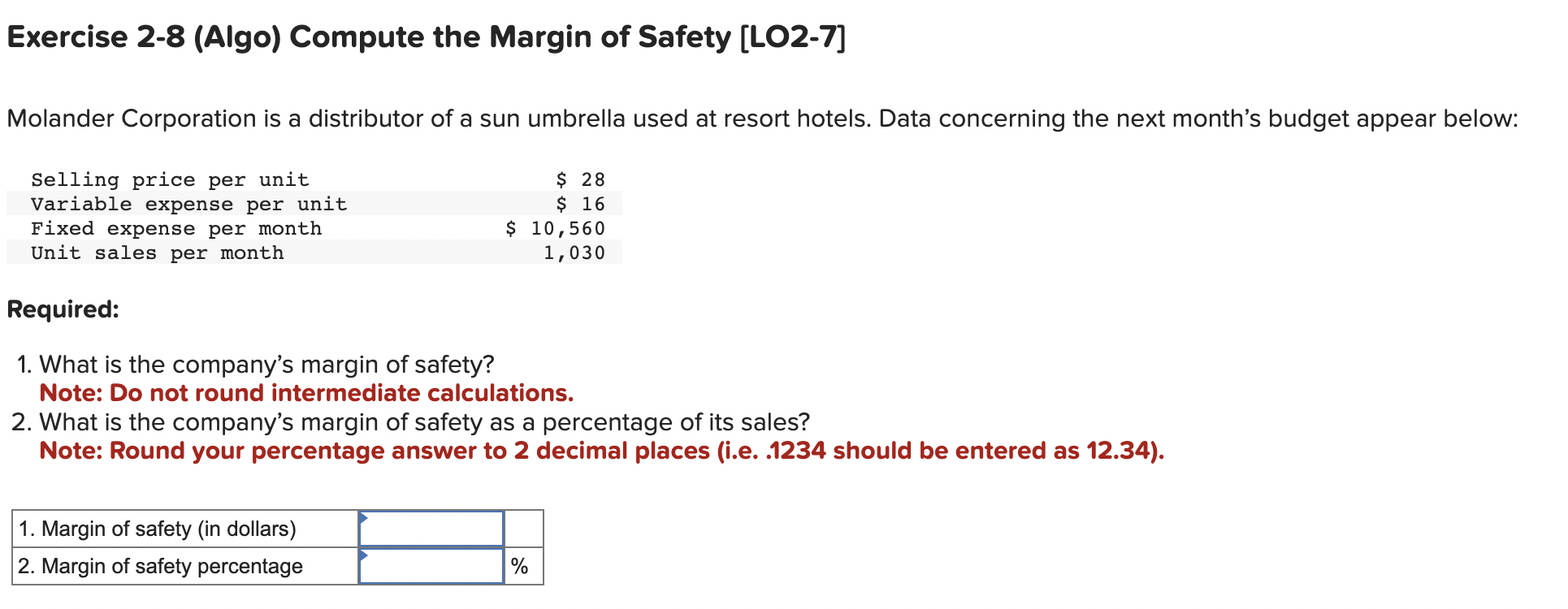 Solved Exercise 2-8 (Algo) Compute The Margin Of Safety | Chegg.com