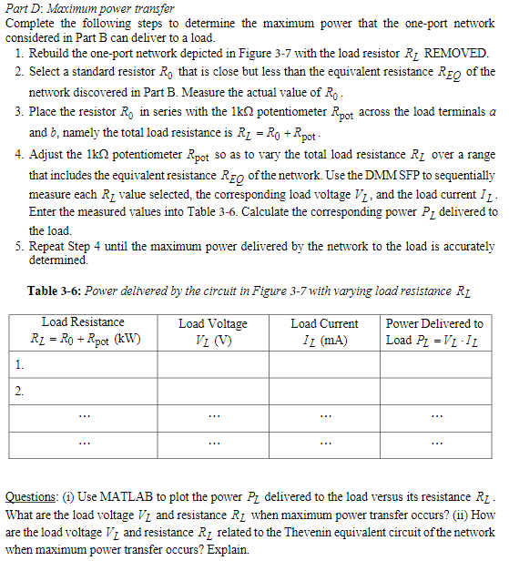 Part D : Maximum power transfer Complete the | Chegg.com