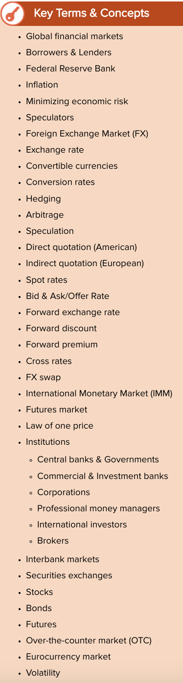 Key Terms \& Concepts
- Global financial markets
- Borrowers \& Lenders
- Federal Reserve Bank
- Inflation
- Minimizing econo