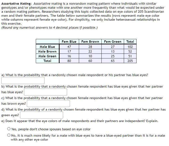 Solved Assortative Mating: Assortative mating is a nonrandom | Chegg.com