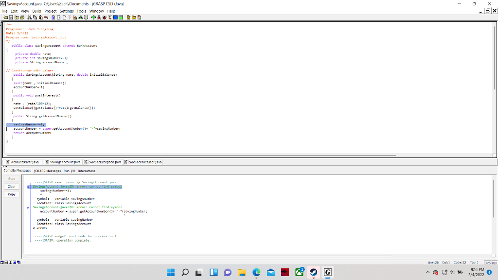 Solved 0 G AccountDriver.java Users\Zach Documents - GRASP | Chegg.com