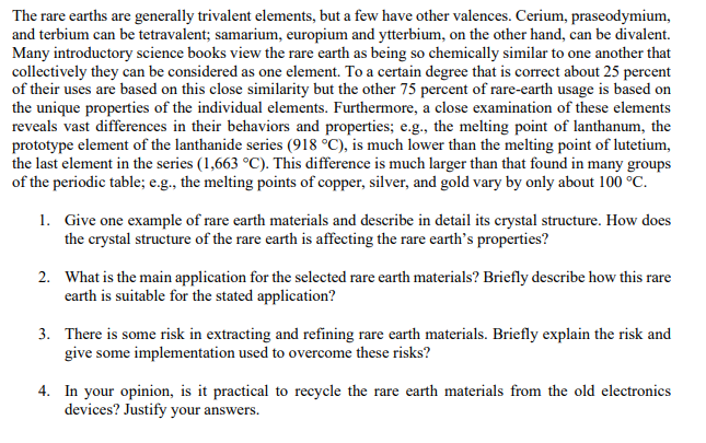 Solved The rare earths are generally trivalent elements, but | Chegg.com