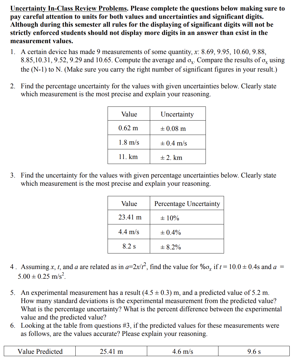 Solved Uncertainty In-Class Review Problems. Please complete | Chegg.com