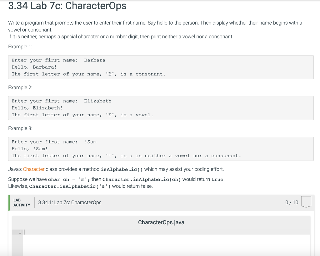 Solved 3.34 Lab 7c: CharacterOps Write a program that | Chegg.com