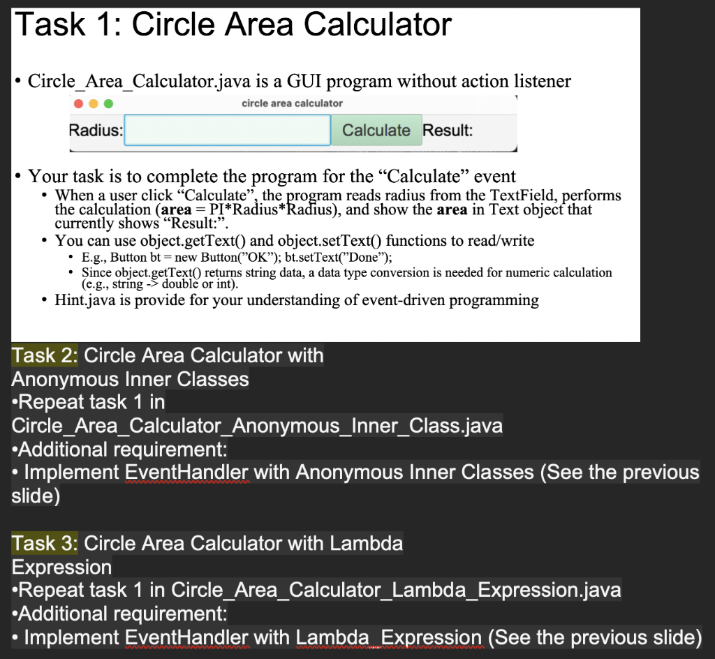 Task 1: Circle Area Calculator • | Chegg.com
