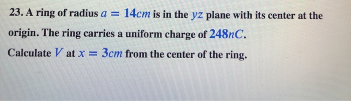 Solved 23. A ring of radius a = 14cm is in the yz plane with | Chegg.com