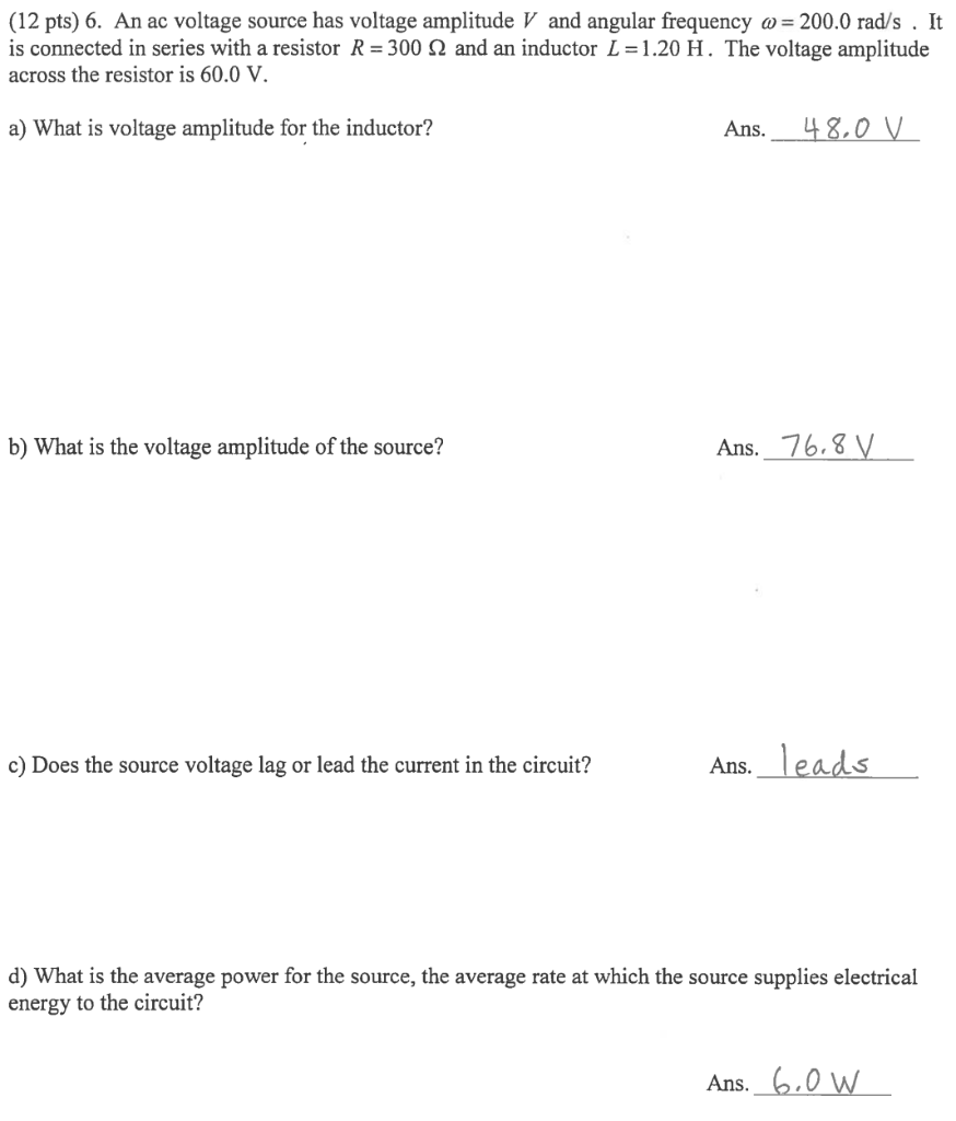 Solved (12 pts) 6. An ac voltage source has voltage | Chegg.com