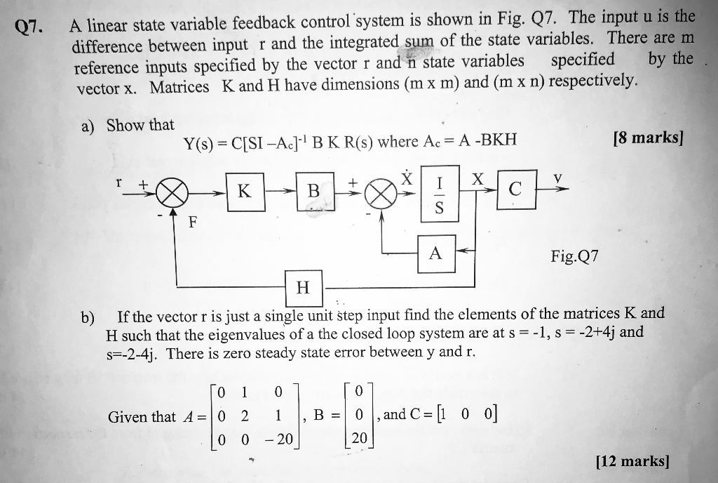 Solved Q7. A linear state variable feedback control system | Chegg.com