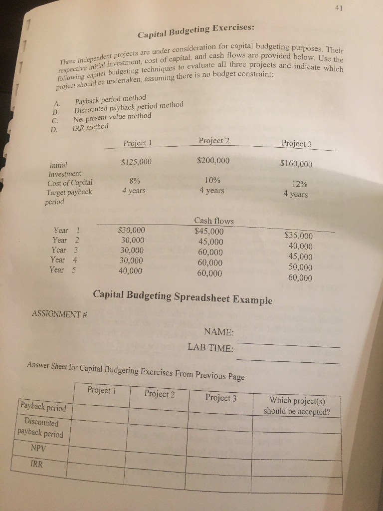 Solved Capital Budgeting Exercises: On For Capital Budgeting | Chegg.com