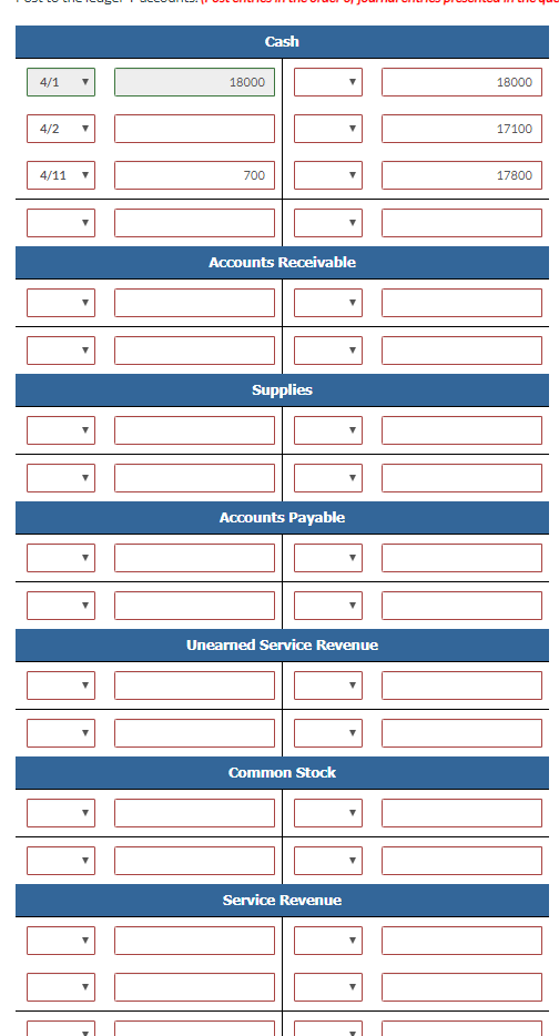 Cash 18000 18000 4/2 17100 700 17800 accounts receivable supplies accounts payable do unearned service revenue common stock s