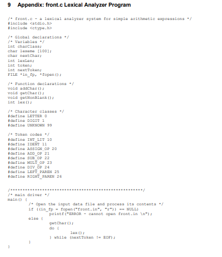 2 Description Modify the front.c lexical analyzer | Chegg.com