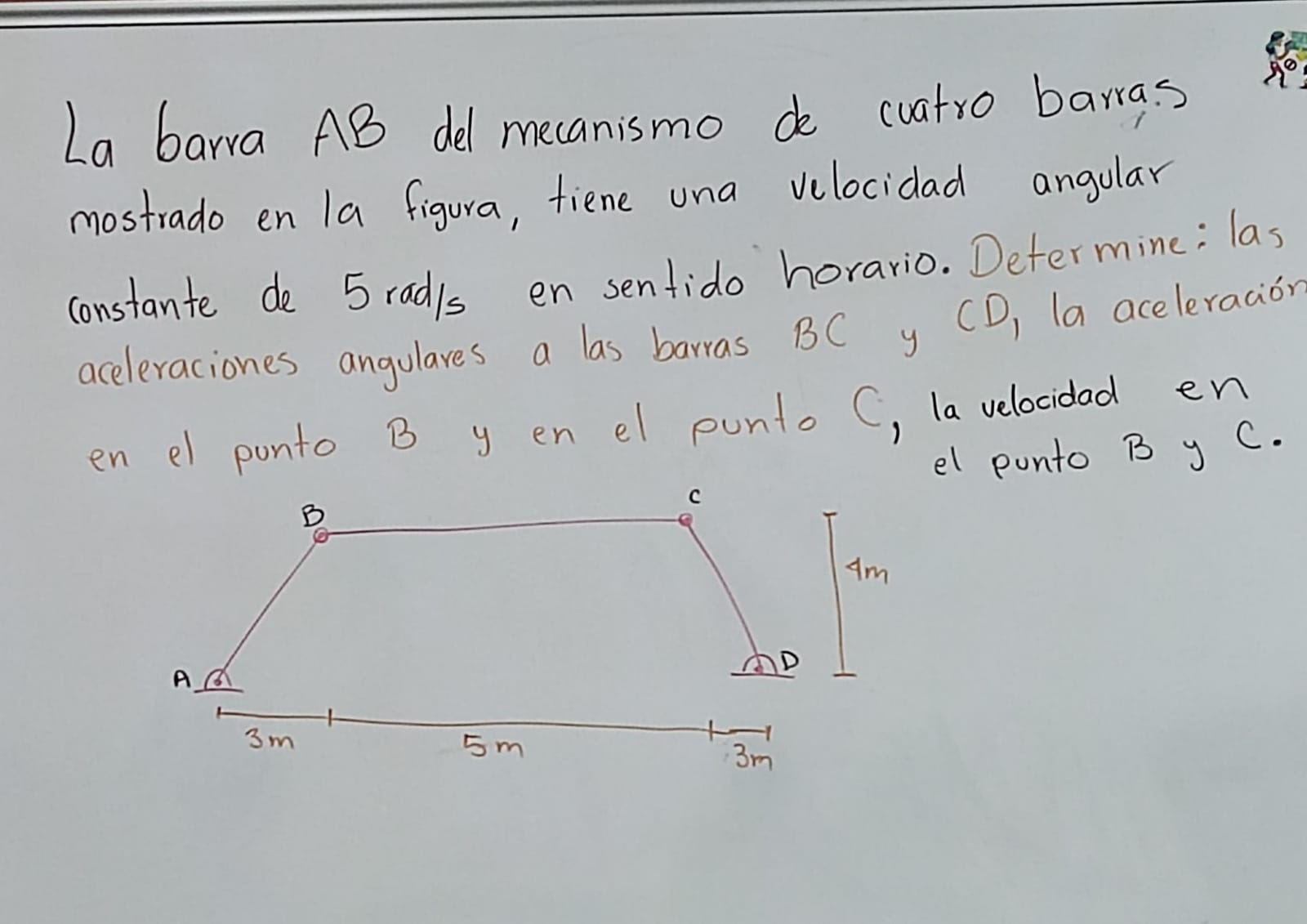 La barra \( A B \) del mecanismo de cuatro barras.s mostrado en la figura, tiene una velocidad angular constante de \( 5 \mat