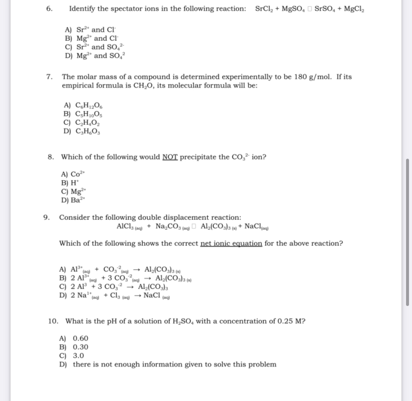 6. Identify the spectator ions in the following | Chegg.com