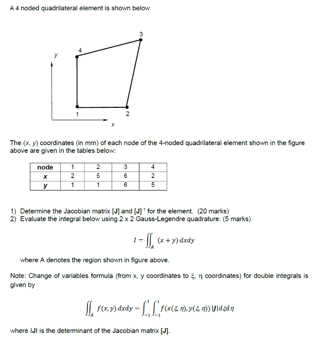 A 4 noded quadrilateral element is shown below
The \( (x, y) \) coordinates (in \( \mathrm{mm} \) ) of each node of the 4-nod