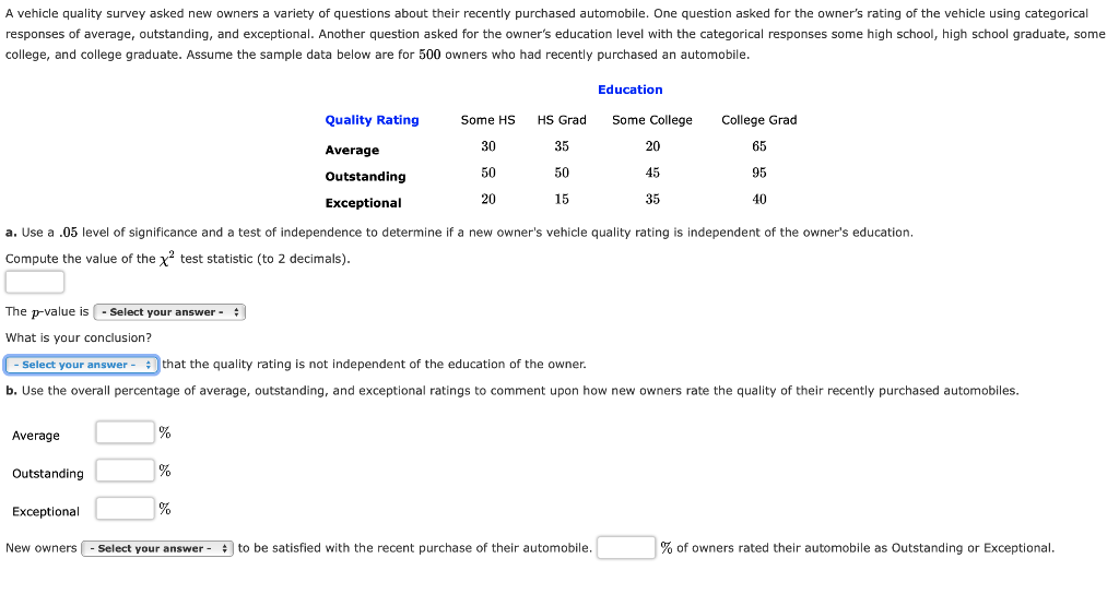 Solved A vehicle quality survey asked new owners a variety