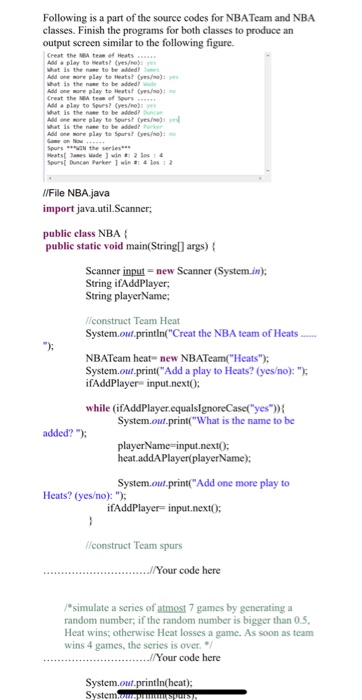 Solved Following is a part of the source codes for NBA Team | Chegg.com