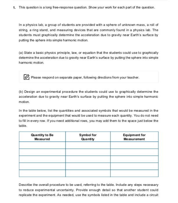Physics Lab Question Example 1. This question is a long free-response question. | Chegg.com