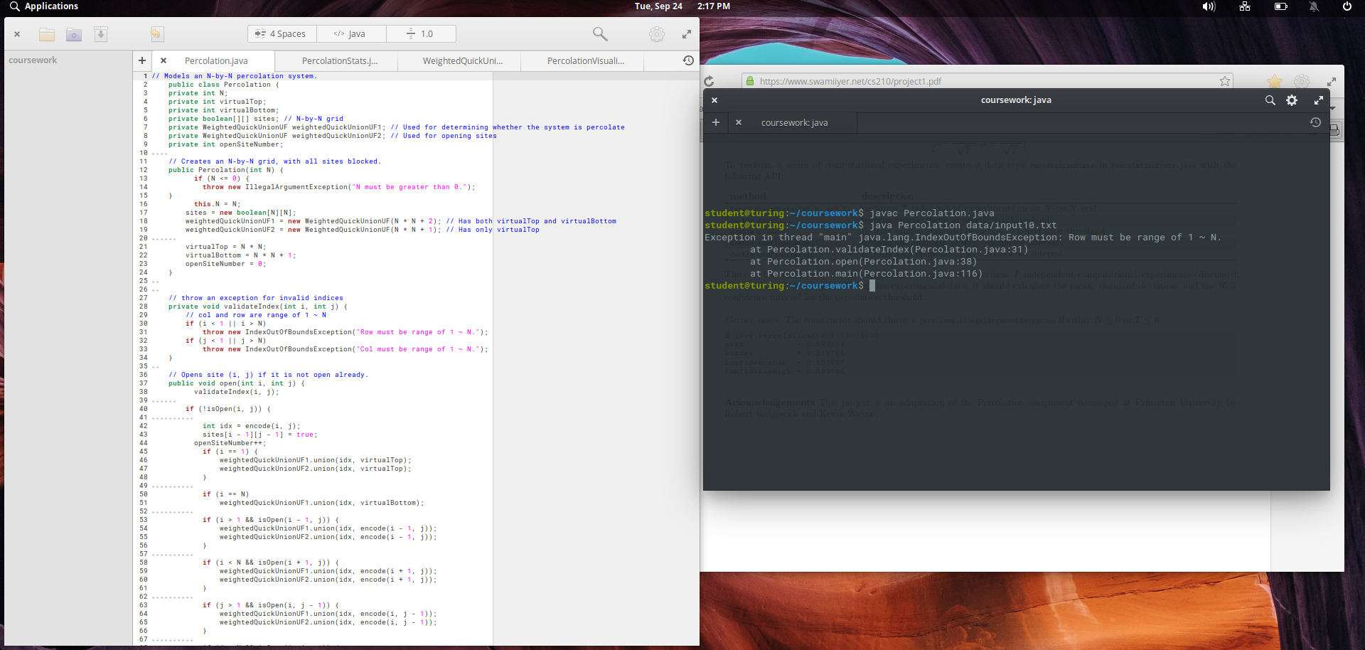 Solved Java code for percolation, code compiles correctly