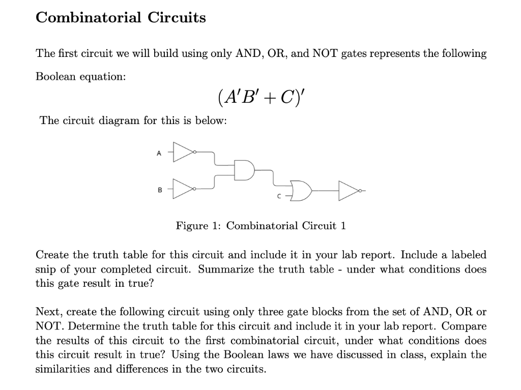 Combinatorial Circuits
The first circuit we will build using only AND, OR, and NOT gates represents the following Boolean equ