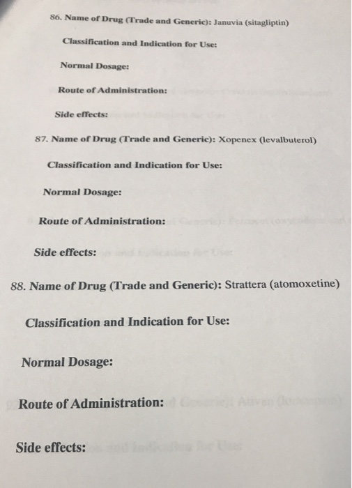 Solved 86. Name of Drug (Trade and Generic) Januvia