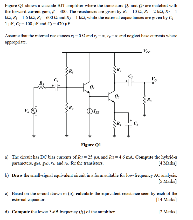 Solved Figure Q1 shows a cascode BJT amplifier where the | Chegg.com