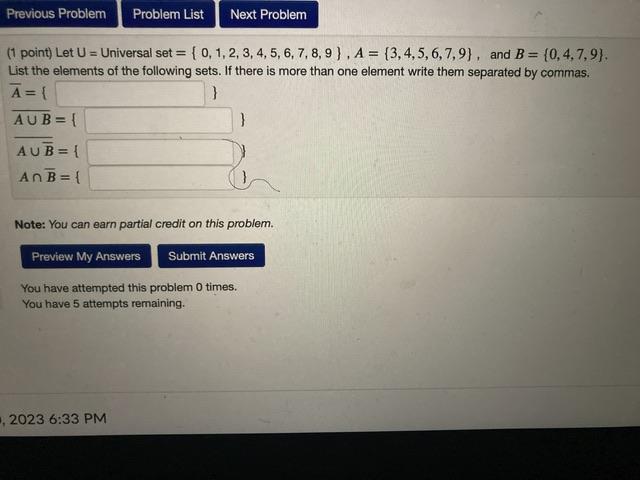 Solved (1 point) Let U= Universal set | Chegg.com