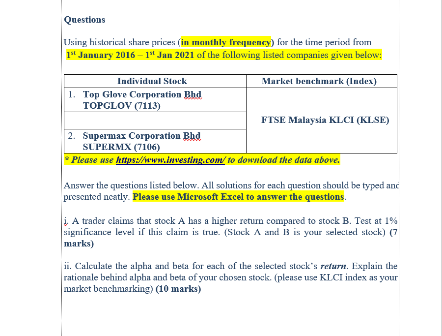 Questions Using Historical Share Prices In Monthly Chegg Com