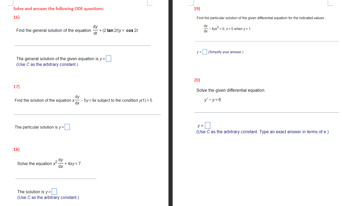 Solved Solve And Answer The Following ODE Questions: 19) 16) | Chegg.com