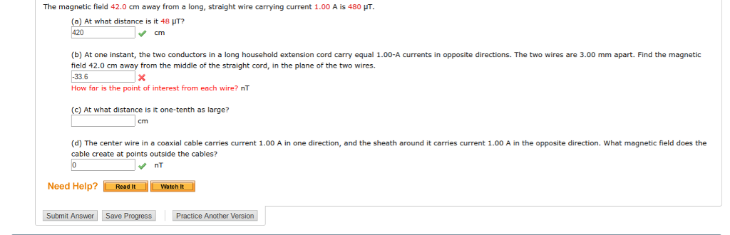 Solved The magnetic field 42.0 cm away from a long, straight | Chegg.com