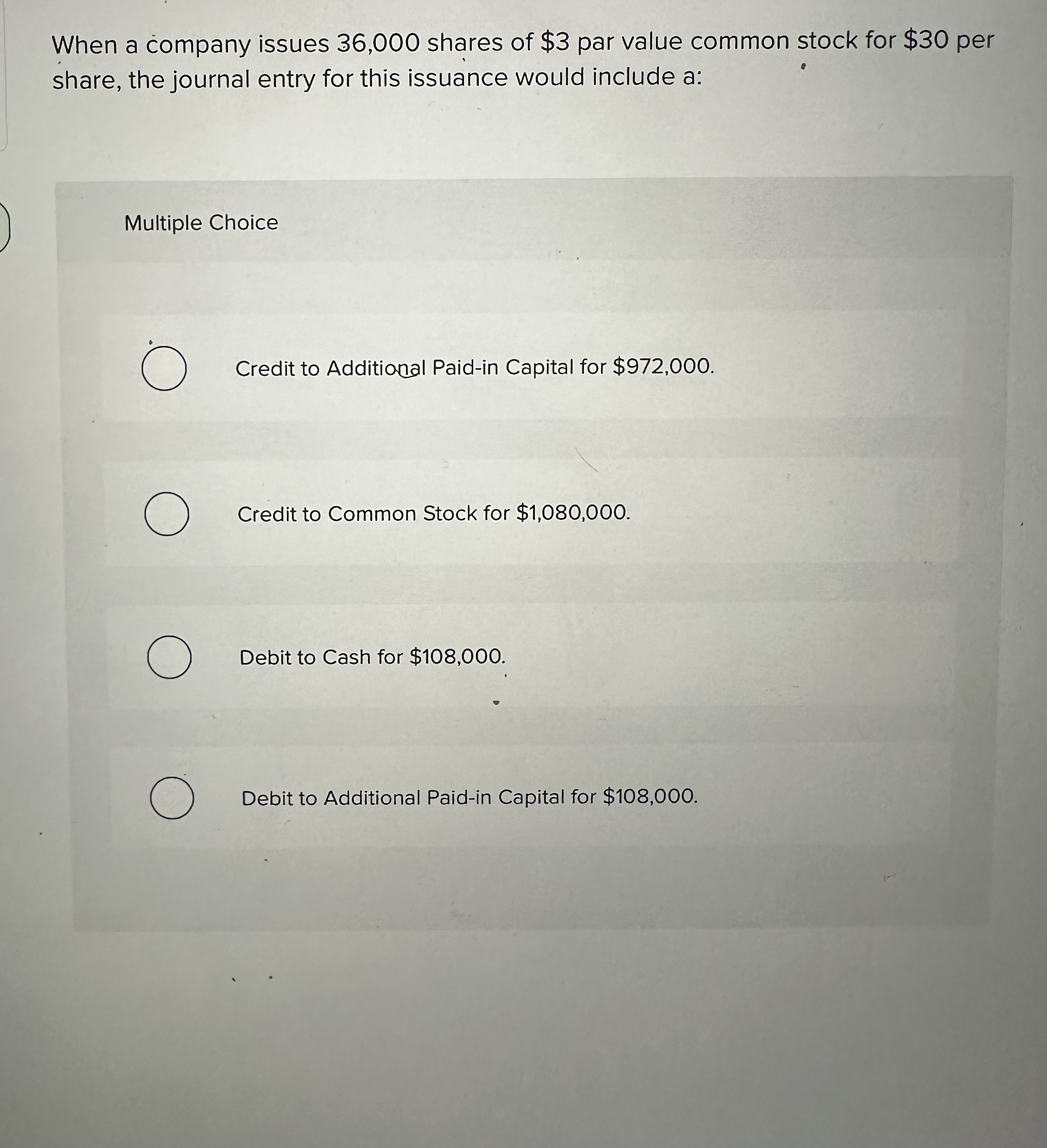 Solved When a company issues 36,000 shares of $3 par value | Chegg.com