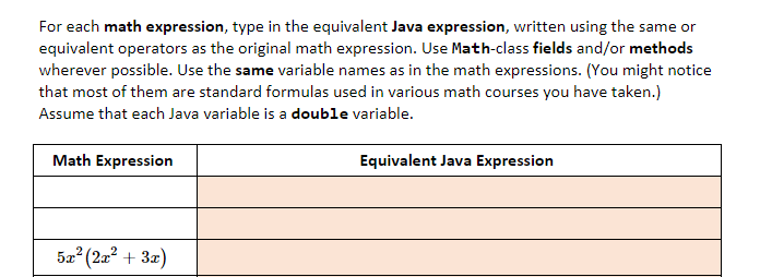 Solved For each math expression, type in the equivalent Java | Chegg.com