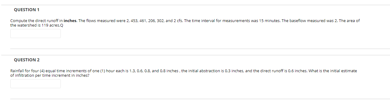 Solved QUESTION 1 Compute the direct runoff in inches. The | Chegg.com