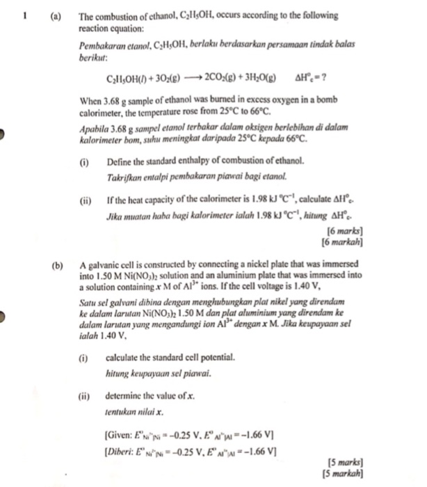 Solved 1 (a) The combustion of ethanol, CallsOHl, occurs | Chegg.com