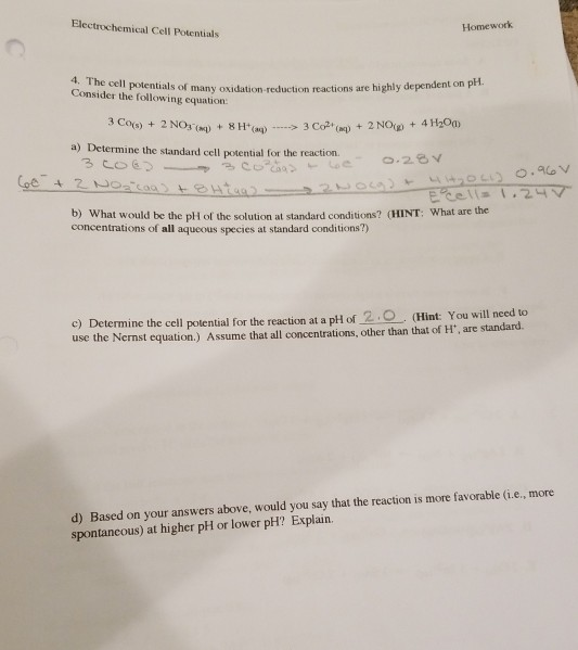 Solved Electrochemical Cell Potentials Homework 4. The cell | Chegg.com