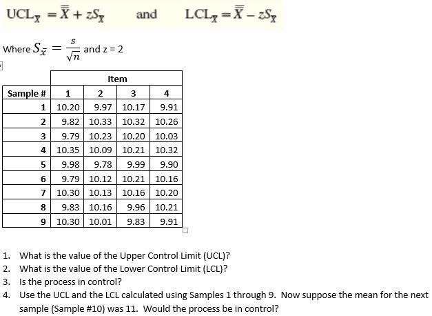 Solved UCLx =I+s, and LCI-r = X-25 Where S and z 2 Vn Item Solved UCLx =I+s, and LCI-r = X-25 Where S and z 2 Vn Item