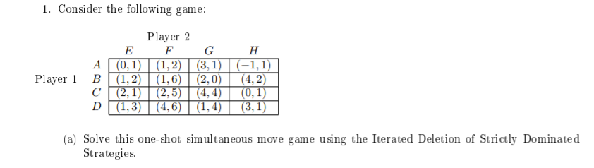 Solved 1. Consider the following game: Player 2 E F G H A | Chegg.com