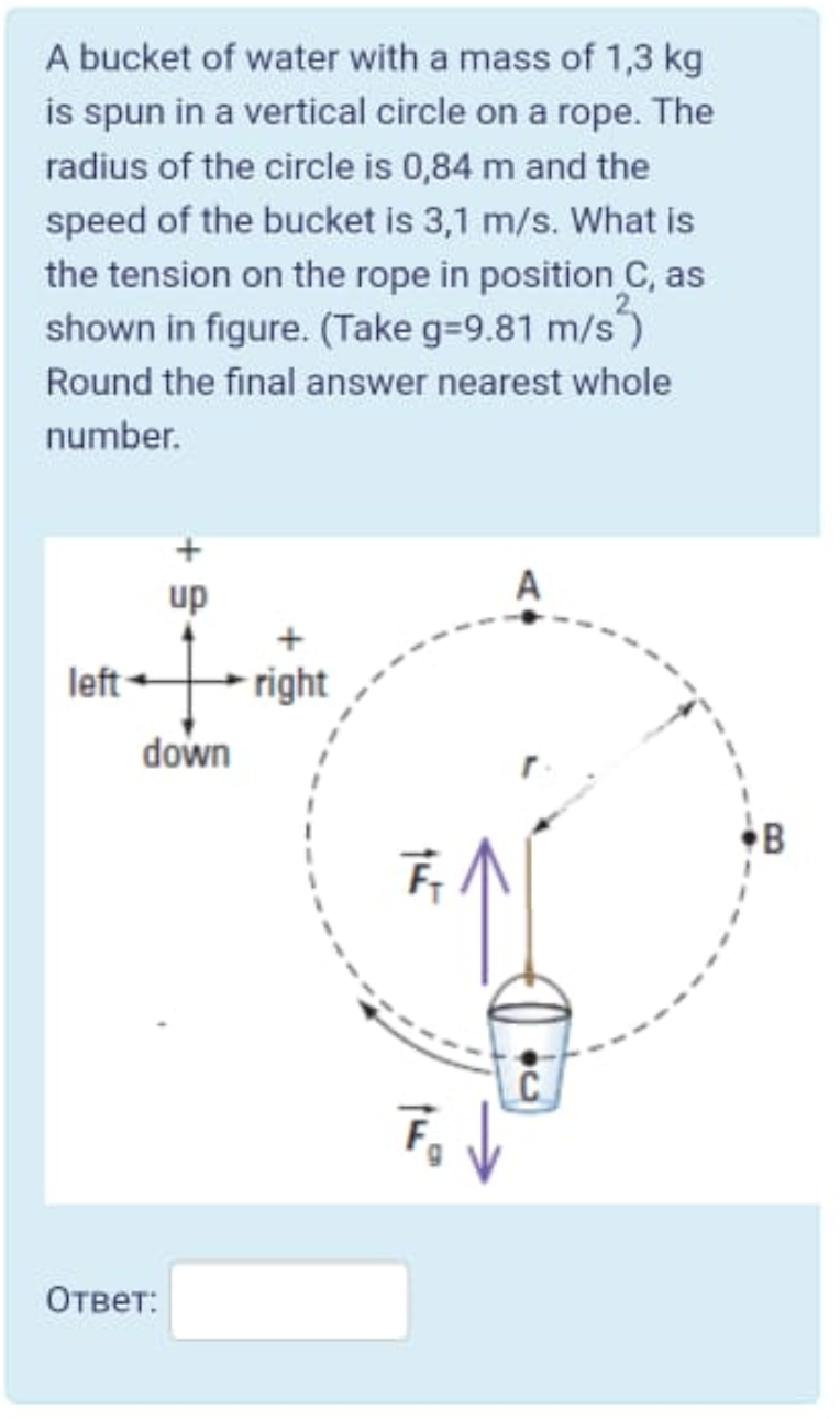 Solved A bucket of water with a mass of 1,3 kg is spun in a | Chegg.com