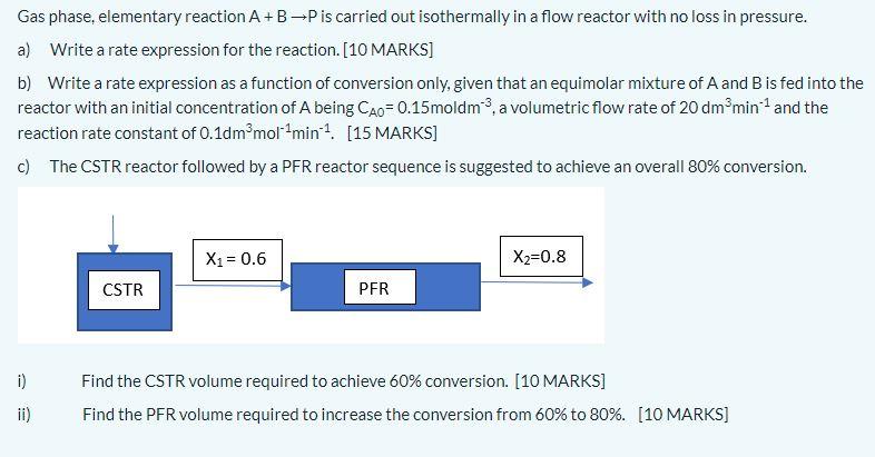 Solved Gas phase, elementary reaction A+B→P is carried out | Chegg.com