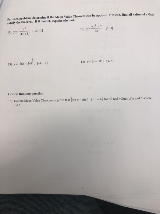 Solved For each problem, determine if the Mean Value Theorem | Chegg.com