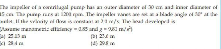 Solved The Impeller Of A Centrifugal Pump Has An Outer | Chegg.com