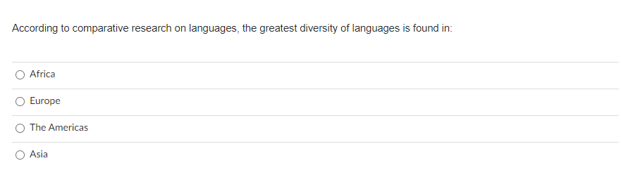 According to comparative research on languages, the greatest diversity of languages is found in: Africa Europe The Americas O