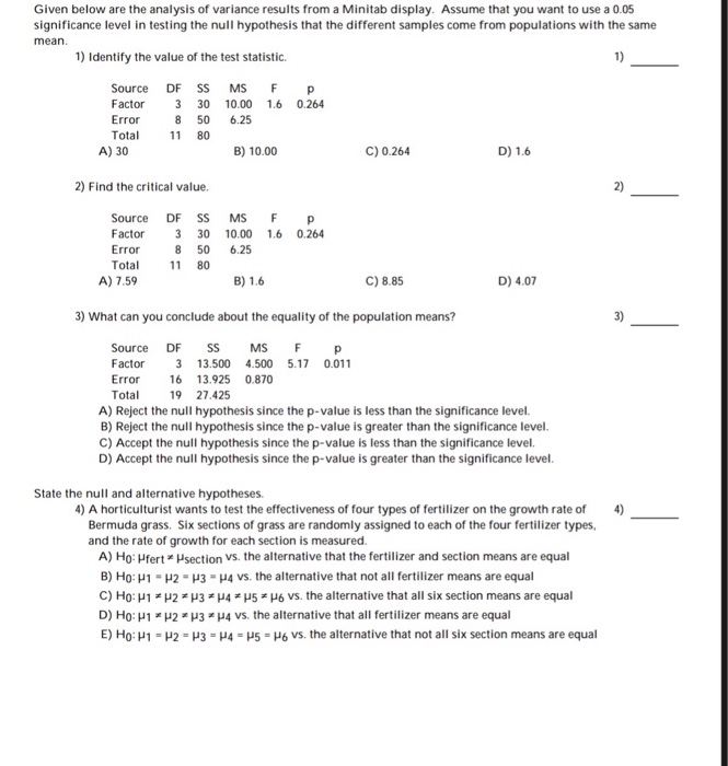 Solved Given below are the analysis of variance results from | Chegg.com