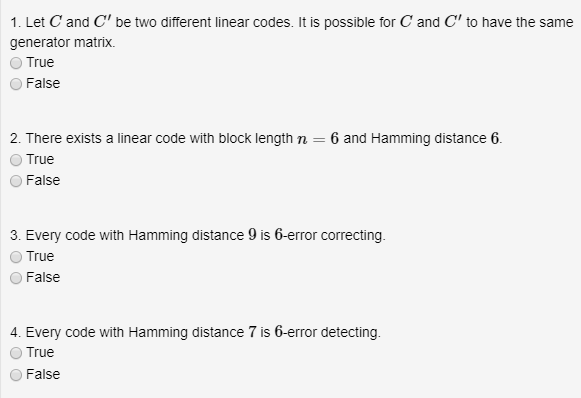Solved 1. Let C and C be two different linear codes. It is | Chegg.com