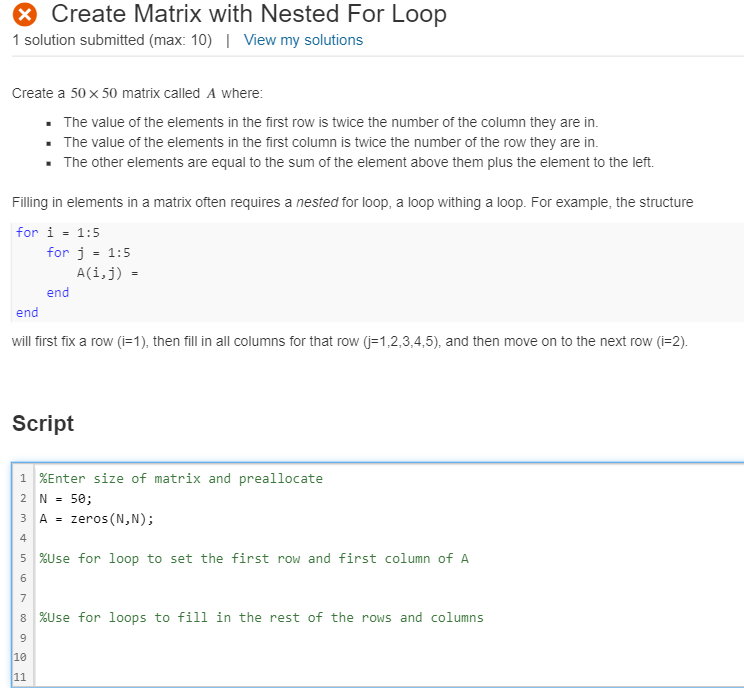 Solved X Create Matrix with Nested For Loop 1 solution Chegg